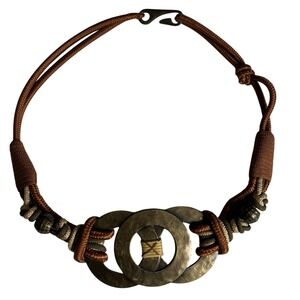 Vintage 1994 Leather Shop Brown Braided Cord Belt Brass Interlocking Ring Buckle